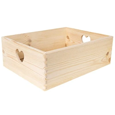 Image of Creative Deco XL Wooden Crate with Heart Handles 40 x 30 14 cm (+/ 1 cm) Plain Unpainted Storage Box Natural Wood Easter Gift Crates Kitchen Home Documents