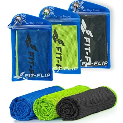 Image of Fit Flip Set of 3 Cooling towel cool down microfibre ice for sport and sweat stay Airflip neck cold yoga fitness (green/dark blue/grey, 100x30cm)