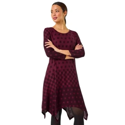 Image of Roman Originals Hanky Hem Swing Dress with Pockets for Women UK Ladies Asymmetric Hemline Stretch Jersey 3/4 Sleeve Winter Smart Casual Work Office Knee Length Tunics Wine Noir Size 10