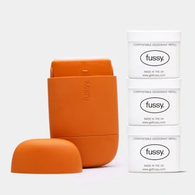 Image of Fussy Natural Refillable Deodorant Burnt Orange Case &amp; Variety Refill Pack Wide Eyed Citrus, Night Tales Flora Wavy Days Mint Aluminium Free Vegan Cruelty 100% Effective