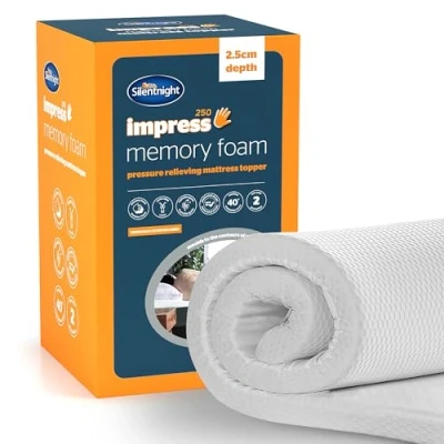 Image of Silentnight Impress King Size Memory Foam Mattress Topper 2.5cm Thick Luxury Orthopaedic Cushioned Pad Machine Washable Removable Cover and Hypoallergenic