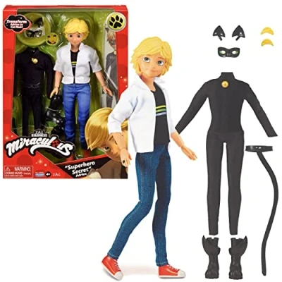 Image of BANDAI Miraculous Ladybug Superhero Secret Fashion Doll, Adrien Costume Change Cat Noir Toy With Accessories, Transforming From The Tales Of and