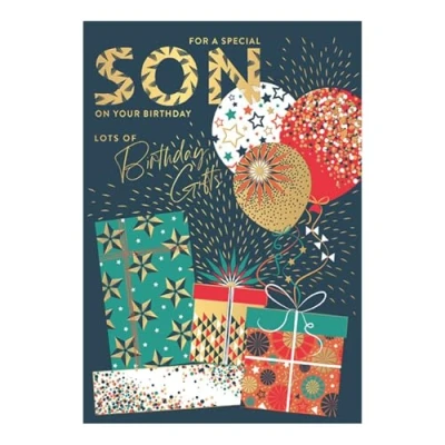 Image of Words and Wishes Special Son Birthday Card Wrapped Gifts Balloons with Embossed Foil Finish
