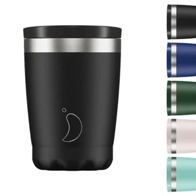 Image of Chilly&#039;s Original Coffee Cup Thermal Travel Mug for Cold &amp; Hot Drinks Reusable Cups with Lids Double Walled Vacuum Insulated Stainless Steel 340ml Monochrome Black