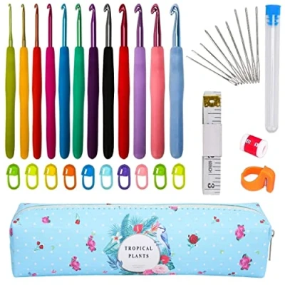 Image of LOOEN Crochet Hooks Set, 14 Pcs Full Size Soft Handles Knitting Needles Kit with Case &amp; Other Accessories for Beginners Adults, 2 10mm