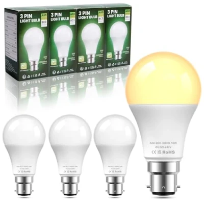 Image of BrightArk BC3 3 Pin Light Bulbs,Non Dimmable 10W Energy Saving LED Bulb,75W Equivalent,240v 3000k Warm White A60 Bulbs for Ceiling Light,Landing Light,Hallway Light,Pack of 4