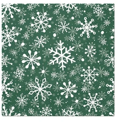 Image of 20 Napkins White Snowflakes on Green Winter Christmas Table Decoration 33 x cm