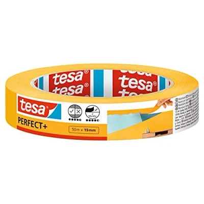 Image of tesa Masking Tape PerfectPlus Painter&#039;s Made of Thin Washi Paper for Precise During Painting Work Indoor use 50 m x 19 mm