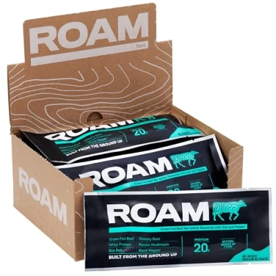Image of ROAM Natural Protein Bars, Meal Replacement Keto 6 x 45g Beef Bar &amp; Healthy Snacks, Ideal For Carnivore Diet, Gluten Free Sticks (Salt, Pepper Porcini Mushroom, Bars)