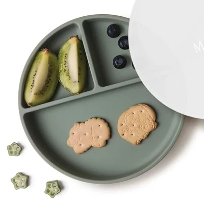 Image of Moonkie Suction Plates for Babies &amp; Toddlers BPA Free Weaning Plate with Lid Silicone Divided Microwave and Dishwasher Safe 1 Pack (Sage)