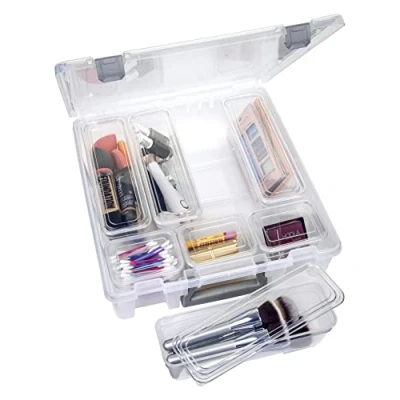 Image of ArtBin AB Designs 6967ABD Super Satchel with 9 Mixed Inside, Stackable Home Storage Organization Container, Clear Sliver Latches and Handle, Polypropylene Plastic, w/Long Bins