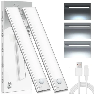 Image of Under Cupboard Kitchen Lights LED Cabinet Light Motion Sensor Indoor Rechargeable Strip Wardrobe Lighting Battery Operated Magnetic Stick on Wireless USB Powered for Shelf Stairs Counter Closet