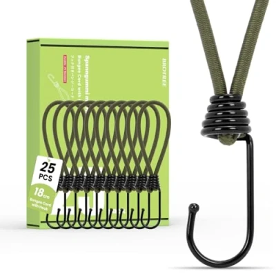 Image of Brotree Bungee Cords with Hooks 25 Pack 18cm Small Rope for Tarpaulins, Tents, Tarp and Fixing Army Green