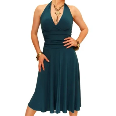 Image of Blue Banana Women&#039;s Halter Neck Knee Length Fit and Flare Dress Teal Size 12