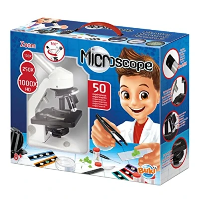 Image of Buki France Microscope with 50 Experiments. Metal STEM Kit Glass Lenses &amp; LED Light. 100 1000 HD Magnification. Includes Illustrated Booklet Accessories. For Boys Girls 8 +