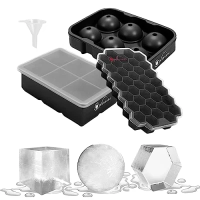 Image of Vinsani 3 Pack Ice Cube Tray with Removable Lid Easy Release Silicone Flexible Ball Mould, Square Maker and Honeycomb LFGB Certified BPA Free Stackable Durable Black