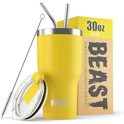 Image of Beast Tumbler 900 ml (30 oz), Lemon Yellow Reusable Stainless Steel, Vacuum Insulated Cup with + 2 Straws &amp; Cleaning Brush Double Wall Travel Flask Perfect for Hot or Iced Coffee BPA Free