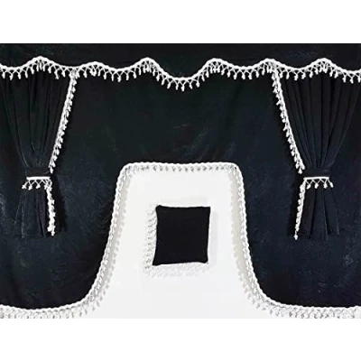 Image of Sertplas Truck Curtains 7pcs Set Black Soft Plush, Universal Fit with White Tassels, Includes Sun Visor, Window &amp; Central Curtains, Cushion Tiebacks