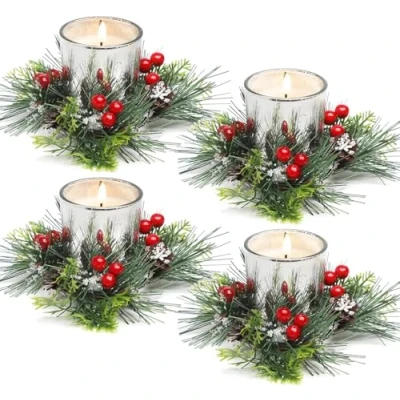 Image of KAHEIGN 4Pcs Christmas Candle Rings, 20CM Artificial Red Berries Wreath Snowy Pine Needles Holder for Pillars Rustic Wedding Centerpiece Front Door Table Party Decoration