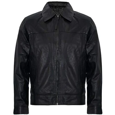 Image of Men&#039;s Smart Black Real Soft Genuine Leather Classic Collar Harrington Jacket 5XL