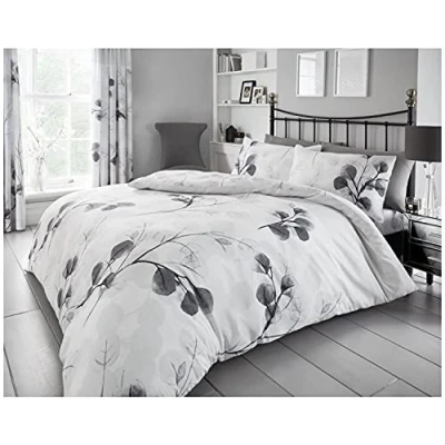 Image of GC GAVENO CAVAILIA Leaf Super King Duvet Set, Soft &amp; Cosy Reversible Floral Bedding Sets, Polycotton Bed Cover, Grey