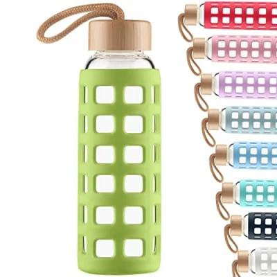 Image of Cleesmil Sports Glass Water Bottle with Silicone Sleeve Bamboo Lid BPA Free 1000 ml / 1 litre （Grass green）