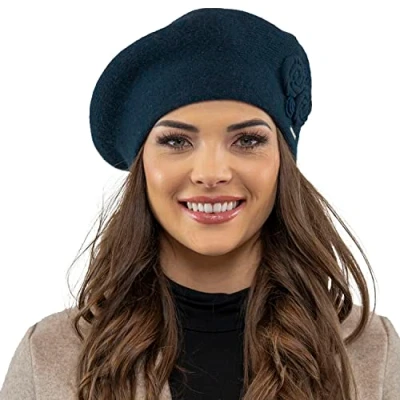 Image of Vivisence Winter Women&#039;s Elegant Beret with Classic Design for Ladies Floral Decoration Warm Wool Blend Fabric Ideal Cold Days and Everyday Wear Autumn Winter, Dark Blue,UNI