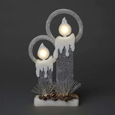 Image of SHATCHI 31Cm Christmas Pre Lit Twin Candles Battery Operated Glitter Foam Snow Covered Finish Table Decoration Grey
