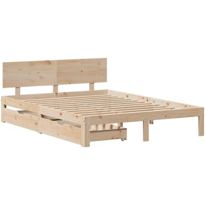 Image of vidaXL Double Bedstead with Drawers 160x200 cm Solid Pine Wood Rustic Brown Modern Bedroom Furniture
