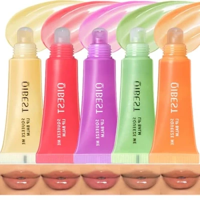 Image of Bekoeen 5PCS Tinted Lip Oil Set, Crystal Jelly Moisturising Balm Oil, Plumping Gloss with Hyaluronic Acid, Long Lasting Hydrating Liquid Lipstick,Girls Daily Care