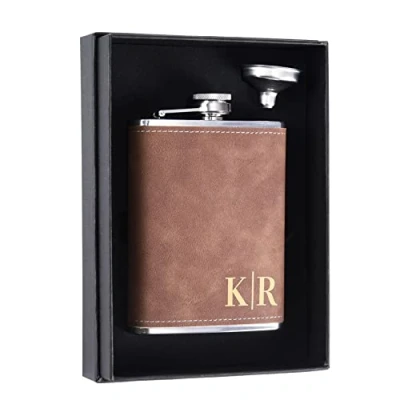 Image of Personalised Hip Flask for Men, Customised Gift Set Liquor 8 oz Engraved Wedding, Bachelor Party, Him, Birthday Gift, Valentine Brown