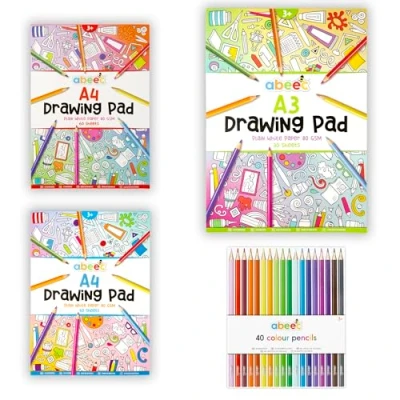 Image of abeec Art Set for Kids Includes 40 Assorted Colouring Pencils and 3 Drawing Pads (A3 &amp; A4) Perfect Arts, Crafts, Back to School Supplies