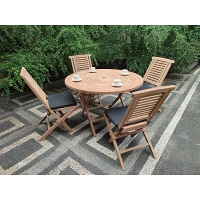Image of Emporium Furniture Outdoor Garden Wooden Dining Table and Chairs Quality Teak Wood 4 Seater Sets Balcony Bistro Patio (Ripple Set)