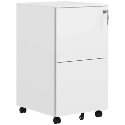 Image of Vinsetto 2 Drawer Vertical Filing Cabinet with Lock and 5 Wheels, Steel Mobile File Cabinet, for A4, Legal Letter Size, Pre Assembled Body, White