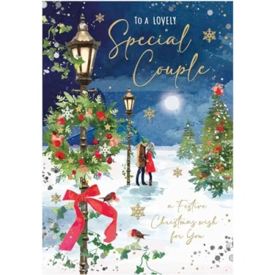 Image of Special Couple Christmas Card Walking in the Snow Artistic Festive Design Finishes and Illustrated Insert Leaf Made UK