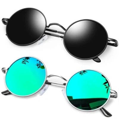Image of KANASTAL 2 Pack Polarised Round Sunglasses Mens Hippie UV Womens Vintage Green Black Metal Frame Mirrored Lens + Silver