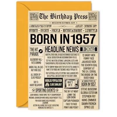 Image of 67th Birthday Cards for Women Men Born In 1957 Newspaper Happy 67 Card Grandma Grandad Nan Vintage Retro Back 1957, 5x7 Inch Sixty Seven Seventh Bday Greeting