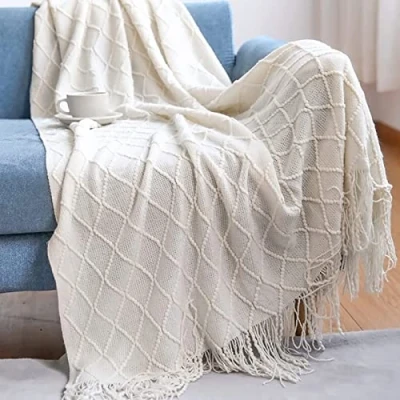 Image of LumiSyne Knitted Throw Blanket With Tassel Solid Color Geometric Plaid Pattern Cozy Couch Cover Soft Bedspread Decorative For Sofa Bed Settee 170x130cm