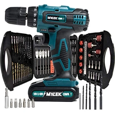 Image of MYLEK 18V Li ion Cordless Drill Driver Set 131 Piece Combi Accessory Kit LED Worklight (131 &amp; 1 Battery, Blue)