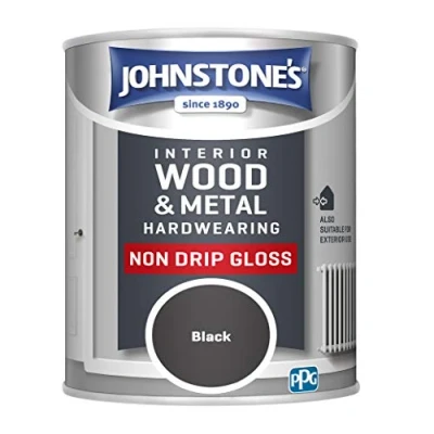 Image of Johnstone&#039;s Interior Wood &amp; Metal Hardwearing Black High Sheen Non Drip Gloss Finish Suitable Paint Exterior Dry in 16 24 hours 14m2 Coverage per Litre 750ml