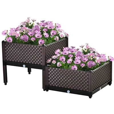 Image of Outsunny 50cm x 46.5cm Set of 2 41L Plastic Raised Garden Bed, Planter Box, Flower Vegetables Planting Container with Self Watering Design and Drainage Holes for Patio Balcony