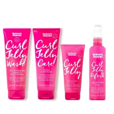 Image of Umberto Giannini Curl Jelly Kit Scrunching Jelly, Wash Shampoo, Care Conditioner &amp; Refresh Styling Spray Vegan Cruelty Free Hair and Style