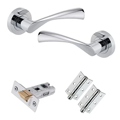 Image of XFORT Polished Chrome Warped Lever On Rose Latch Pack, with Ball Bearing Hinges &amp; A Tubular Latch, Ideal for Internal Wooden Doors Home and Office.