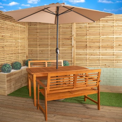 Image of Outdoor 4 Person Rectangular Wooden Garden Table, 2 Benches with Beige Havana Parasol &amp; Base