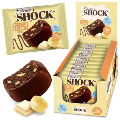 Image of Fitnesshock Chocolate Brownie No Added Sugar, 15% Protein, satiating dietary fibre, Soft Texture, 10 Pieces, 50g Banana Flavour