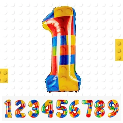 Image of Building Block Number Balloon,Number 1 Balloon Birthday Decorations,Colorful Helium for Party Decorations Lego Theme Boy Girl