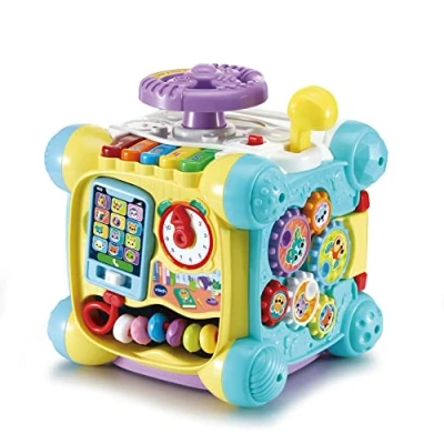 Image of VTech Baby Twist &amp; Play Cube, Interactive Toy with Steering Wheel, Sensory Shape Sorter, Music Lights, Gift for Infants, 9, 12, 18 months +, English Version,Multicolor,Small