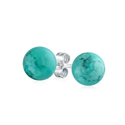 Image of Simple Gemstone Stabilized Turquoise Round Ball Stud Earrings For Women .925 Sterling Silver 10 MM