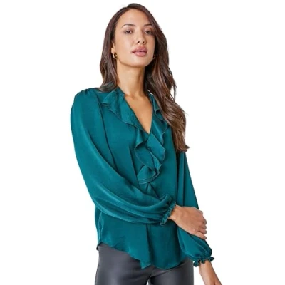 Image of Roman Womens Satin Ruffle Neck Blouse Green Leather Size 14 UK