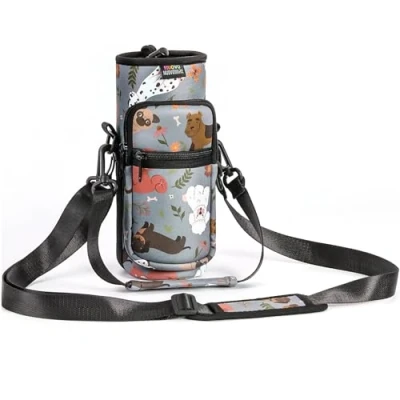 Image of Nuovoware Water Bottle Carrier Bag, 40oz Pouch Holder, Adjustable Shoulder Hand Strap 2 Pocket Sling Neoprene Sleeve Sports Accessories for Hiking Travelling, Gray Puppy